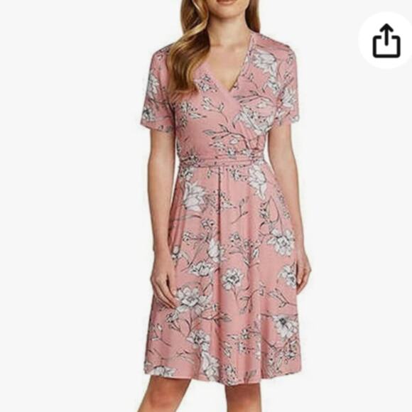 Matty M Dresses & Skirts - MATTY M Blush Pink faux wrap Dress Short Sleeve Jersey floral Cottagecore L